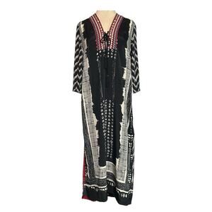 Rapsodia black cream tribal print 3/4 sleeves maxi dress size Medium